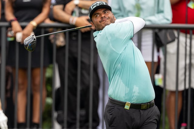 Aug 17, 2025; Indianapolis,IN, United States; Sebastian Munoz of Torque GC tees off on the first hole the final round of LIV Golf Indianapolis. Mandatory Credit: Marc Lebryk-Imagn Images