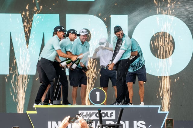 Aug 17, 2025; Indianapolis,IN, United States; Sebastian Munoz is sprayed with champagne to celebrate the Torque GC team victory after the final round of LIV Golf Indianapolis. Mandatory Credit: Marc Lebryk-Imagn Images