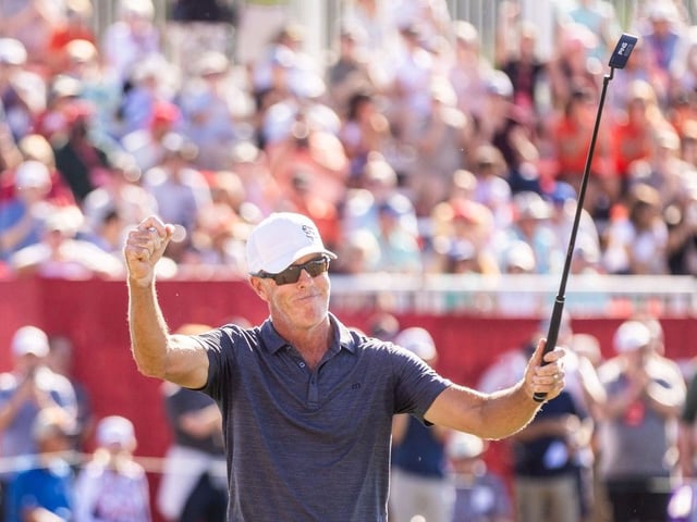 Australia's Richard Green celebrates on the 18th green after winning the Rogers Charity Classic at Canyon Meadows Golf and Country Club in Calgary on Sunday, August 17, 2025.