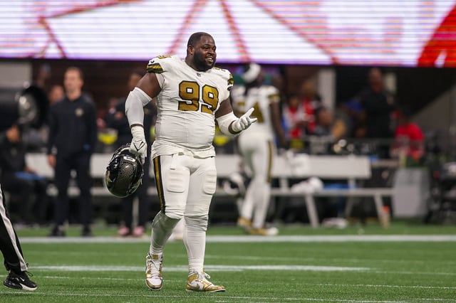 Nov 26, 2023; Atlanta, Georgia, USA; New Orleans Saints defensive tackle Khalen Saunders (99) on the field against the Atlanta Falcons in the second quarter at Mercedes-Benz Stadium. Mandatory Credit: Brett Davis-USA TODAY Sports/File Photo