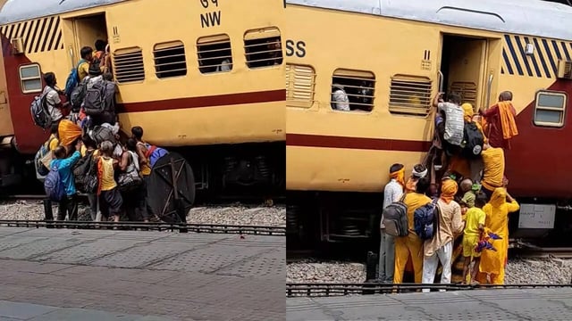 Passengers Overcrowd And Block Doors To Board Train, Chaos Erupts Despite Safety Announcements