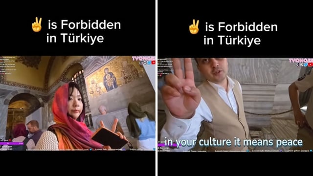 A Korean content creator who got a warning for showing a peace sign. 