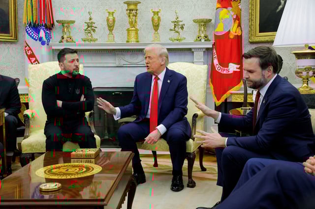 US President Donald Trump and Vice President JD Vance meet with Ukrainian President Volodymyr Zelensky at the White House in Washington, DC, on February 28.