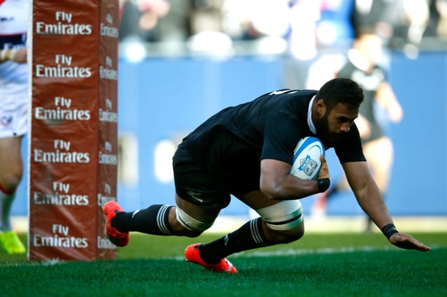 CHICAGO, IL - NOVEMBER 01: Patrick Tuipulotu of the All Blacks scores a try  during the International Test Match between the United States of America and the New Zealand All Blacks at Soldier Field on November 1, 2014 in Chicago, Illinois.  (Photo by Phil Walter/Getty Images)