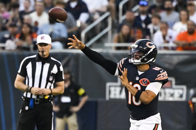 Aug 17, 2025; Chicago, Illinois, USA;  Chicago Bears quarterback Caleb Williams (18) throws the ball during the first half against the Buffalo Bills at Soldier Field. Mandatory Credit: Matt Marton-Imagn Images