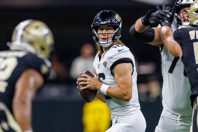 Aug 17, 2025; New Orleans, Louisiana, USA;  Jacksonville Jaguars quarterback Trevor Lawrence (16) looks downfield against the New Orleans Saints during the first half at Caesars Superdome. Mandatory Credit: Stephen Lew-Imagn Images