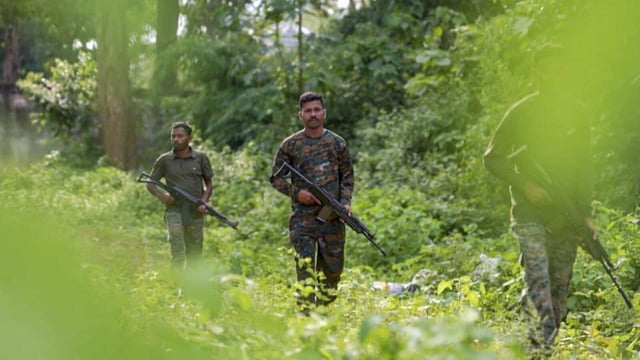 Security personnel during an anti-Naxal operation in Chhattisgarh’s Bastar last month. (PTI)