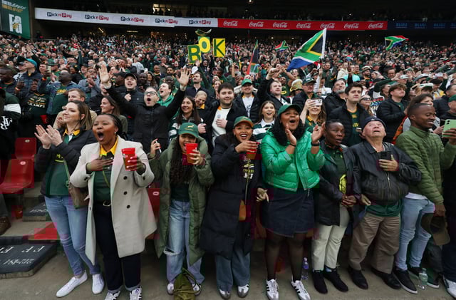Rugby Union - Rugby Championship - South Africa v Australia - Ellis Park, Johannesburg, South Africa - August 16, 2025 South Africa fans react REUTERS/Siphiwe Sibeko