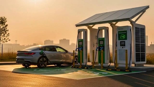 An electric vehicle charging at a fast-charger