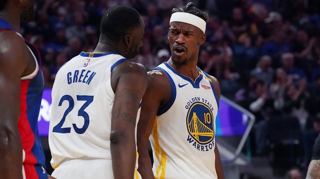 Mar 8, 2025; San Francisco, California, USA; Golden State Warriors forward Jimmy Butler III (10) celebrates with forward Draymond Green (23) in the second quarter at Chase Center. Mandatory Credit: David Gonzales-Imagn Images