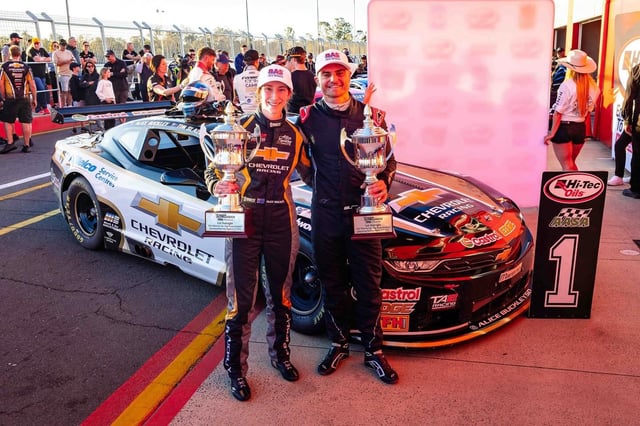 Alice Buckley and Tim Slade celebrate their overall victory in the TA2 Tag Team Enduro. Image: Supplied