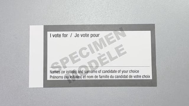 An example of the adapted ballots that Elections Canada says will be used in the upcoming Battle River-Crowfoot byelection due to the unusually high number of candidates.