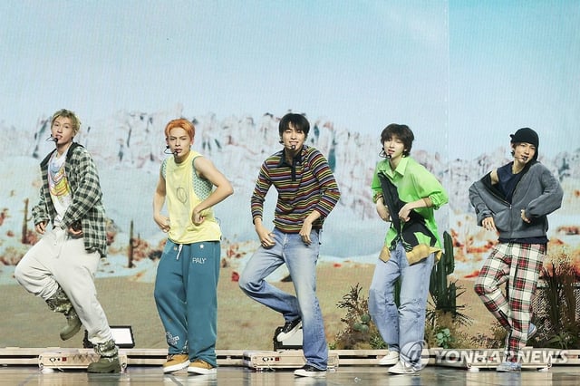 BigHit Music's new boy group Cortis performs its debut single "What You Want" during a media showcase in Seoul on Aug. 18, 2025. (Yonhap)