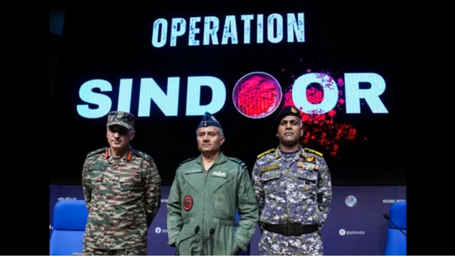 (L-R) DGMO Lieutenant General Rajiv Ghai, Air Marshal AK Bharti and Vice Admiral AN Pramod during the press conference on 'Operation Sindoor', in New Delhi on Monday. (Photo: ANI)