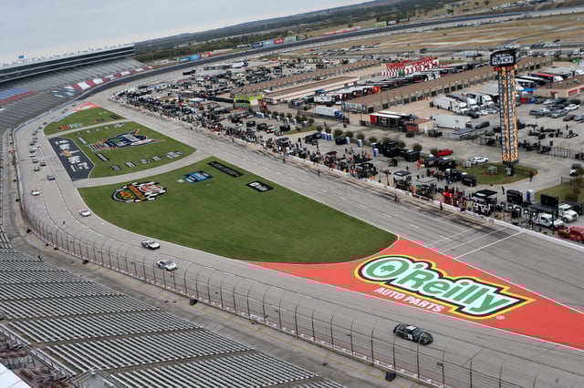 Riley Herbst, driver of the #18 Monster Energy Toyota, leads the field during the NASCAR Xfinity Series O&#39;Reilly Auto Parts 300 at Texas Motor Speedway on October 24, 2020 in Fort Worth, Texas.