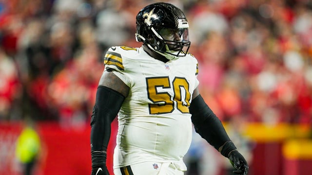 Oct 7, 2024; Kansas City, Missouri, USA; New Orleans Saints defensive tackle Khalen Saunders (50) reacts during the second half against the Kansas City Chiefs at GEHA Field at Arrowhead Stadium. Mandatory Credit: Jay Biggerstaff-Imagn Images