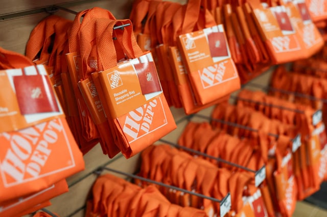 Reusable bags ared displayed at a Home Depot store in Manhattan in New York City, U.S.,  February 25, 2025. REUTERS/Jeenah Moon/File Photo