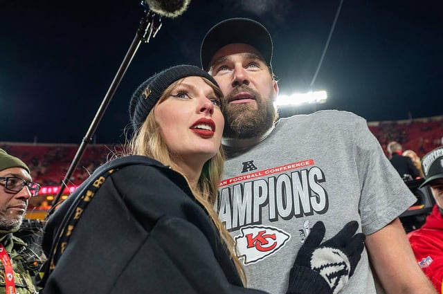 Taylor Swift and Kansas City Chiefs tight end Travis Kelce walk off the field after the trophy ceremony following the Chiefs 32-29 victory over the Buffalo Bills in the AFC Championship Game on Sunday, Jan. 26, 2025, at GEHA Field at Arrowhead Stadium. 
