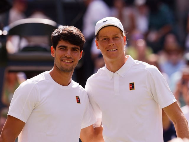 Tennis - Wimbledon - All England Lawn Tennis and Croquet Club, London, Britain - July 13, 2025
Spain's Carlos Alcaraz and Italy's Jannik Sinner pose for a picture before their men's final REUTERS/Andrew Couldridge