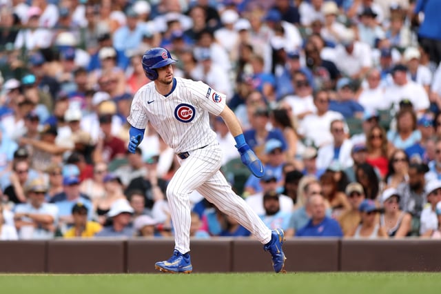 CHICAGO, ILLINOIS - AUGUST 17: Kyle Tucker #30 of the Chicago Cubs in action against the Pittsburgh Pirates at Wrigley Field on August 17, 2025 in Chicago, Illinois.