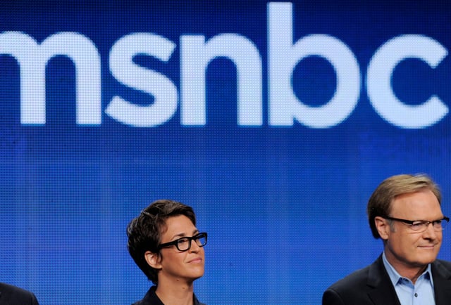 FILE - Rachel Maddow and Lawrence O'Donnell take part in a panel discussion on the show at the NBC Universal summer press tour, Aug. 2, 2011, in Beverly Hills, Calif. (AP Photo/Chris Pizzello, file)