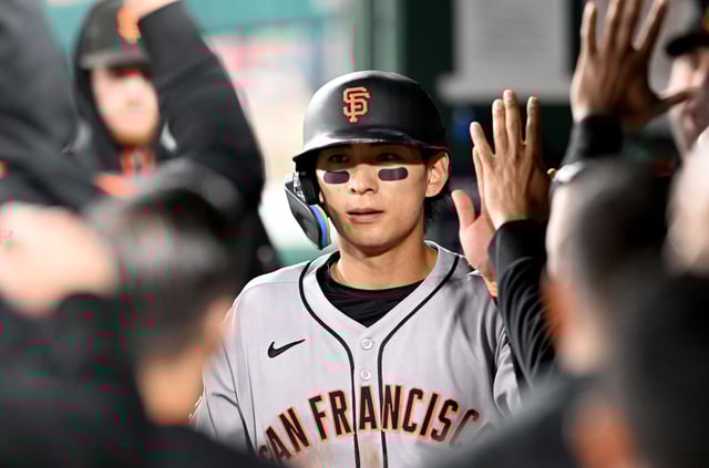 WASHINGTON, DC - MAY 23: Jung Hoo Lee #51 of the San Francisco Giants celebrates with teammates after scoring in the eighth inning against the Washington Nationals at Nationals Park on May 23, 2025 in Washington, DC. (Photo by Greg Fiume/Getty Images)