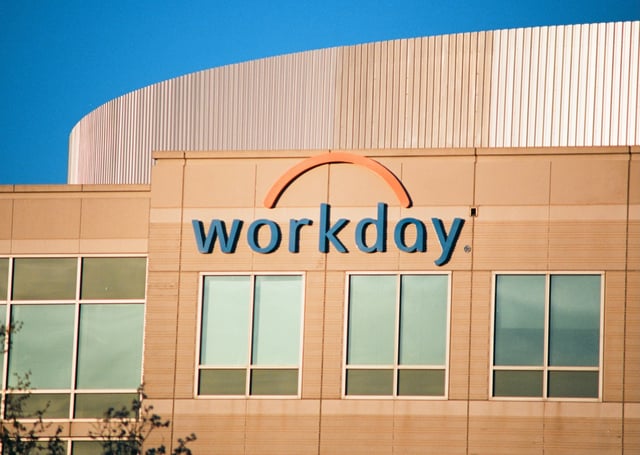 Close-up of sign and logo at headquarters of software company Workday in Pleasanton, California, March 26, 2018. (Photo by Smith Collection/Gado/Getty Images)