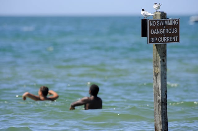 Young beach-goers swim past a rip current warning sign along the shores of Lake Michigan, on June 19, 2013, at Holland State Park in Holland,Mich. National Weather Service and Michigan Technological University researchers are trying to find ways to better predict when Great Lakes beaches will generate offshore currents that have claimed dozens of lives in recent years. (AP Photo/The Detroit News, Steve Perez) DETROIT FREE PRESS OUT; HUFFINGTON POST OUT