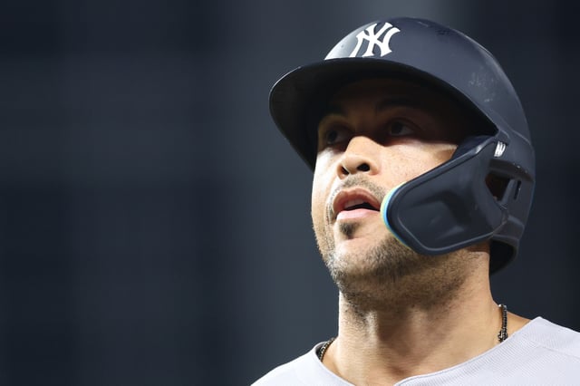 MIAMI, FLORIDA - AUGUST 01: Giancarlo Stanton #27 of the New York Yankees looks on against the Miami Marlins in the seventh inning of the game at loanDepot park on August 01, 2025 in Miami, Florida. (Photo by Megan Briggs/Getty Images)