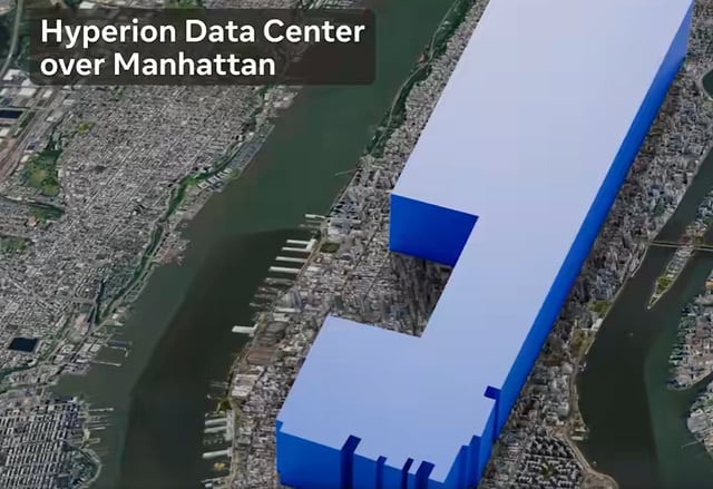 A CG render of Meta's planned Hyperion data center, superimposed over Manhattan.
