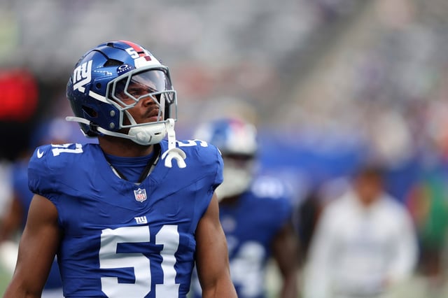 New York Giants Abdul Carter (51) is seen pregame before an NFL football game against the New York Jets on Saturday, Aug. 16, 2025. (AP Photo/Gregory Payan)