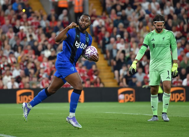 Soccer Football - Premier League - Liverpool v AFC Bournemouth - Anfield, Liverpool, Britain - August 15, 2025 AFC Bournemouth's Antoine Semenyo celebrates scoring their first goal REUTERS/Peter Powell/ File Photo