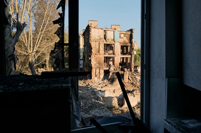 The rubble of a building bombed by Russian forces  in Kramatorsk recently.