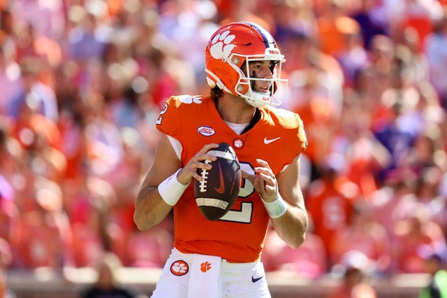 Cade Klubnik #2 of the Clemson Tigers looks to pass against the Virginia Cavaliers at Memorial Stadium on October 19, 2024 in Clemson, South Carolina.