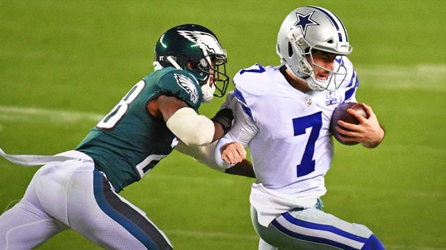 Nov 1, 2020; Philadelphia, Pennsylvania, USA; Dallas Cowboys quarterback Ben DiNucci (7) is pushed out of bounds by Philadelphia Eagles strong safety Will Parks (28) during the fourth quarter at Lincoln Financial Field. Mandatory Credit: Eric Hartline-Imagn Images