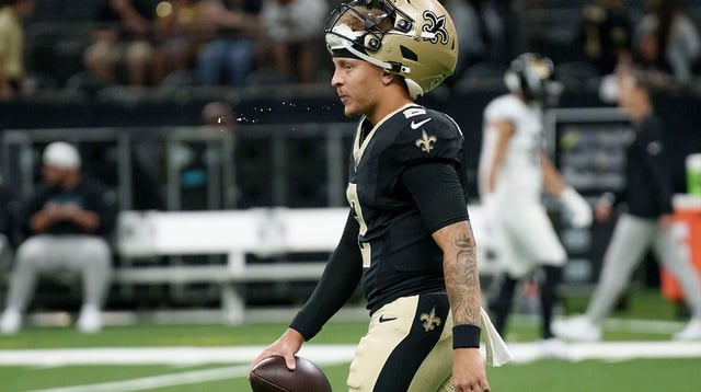 Aug 17, 2025; New Orleans, Louisiana, USA; New Orleans Saints quarterback Spencer Rattler (2) warms up before a game against the Jacksonville Jaguars at Caesars Superdome. Mandatory Credit: Matthew Hinton-Imagn Images