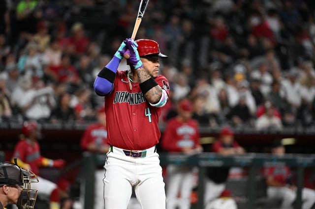 PHOENIX, ARIZONA - AUGUST 06: Ketel Marte #4 of the Arizona Diamondbacks gets ready in the batters box against the San Diego Padres at Chase Field on August 06, 2025 in Phoenix, Arizona.