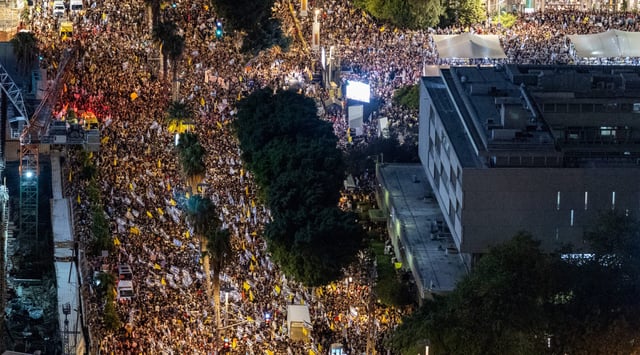 People gather at Hostage Square in Tel Aviv during a rally calling for the release of hostages held in Gaza, Aug. 17, 2025. (Chaim Goldberg/Flash90)
