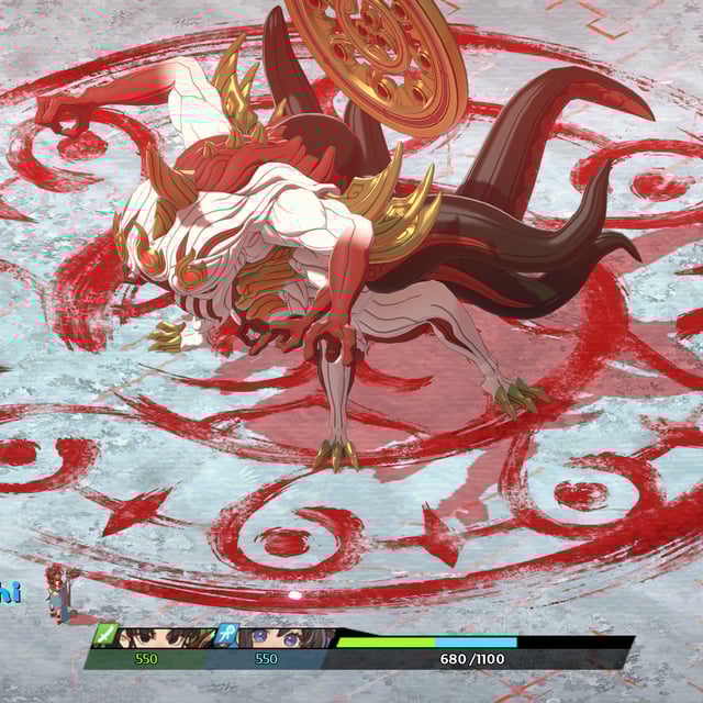 A screenshot of Towa and the Guardians of the Sacred Tree. A hulking quadrupedal beast with thick black tails stands on a red rune painted onto stone like blood.
