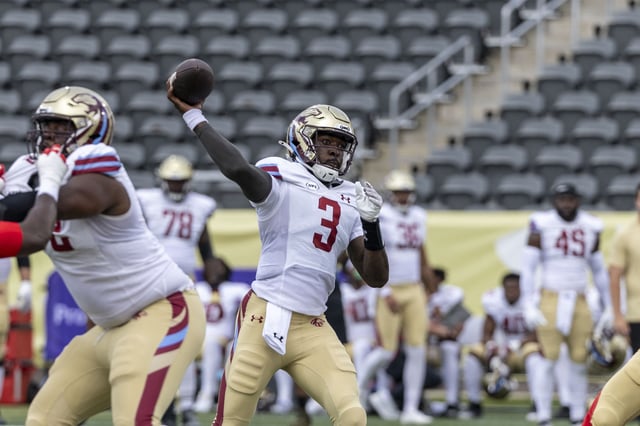 Jun 8, 2025; Birmingham, AL, USA; Michigan Panthers quarterback Bryce Perkins (3) throws the ball against the Birmingham Stallions during the first half of the USFL conference championship football game at Protective Stadium. Mandatory Credit: Vasha Hunt-Imagn Images/File Photo