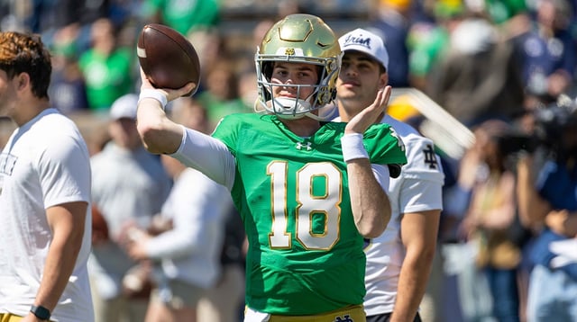 Apr 12, 2025; Notre Dame, IN, USA; Notre Dame Fighting Irish quarterback Steve Angeli (18) warms up during the Blue-Gold game at Notre Dame Stadium. Mandatory Credit: Michael Caterina-Imagn Images