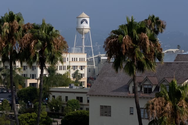A drone view shows the Paramount water tower on the Paramount studio lot in Hollywood before the Paramount Global $8.4 billion merger with Skydance Media is expected to be completed this week, in Los Angeles, California, U.S., August 5, 2025. REUTERS/Mike Blake/File Photo