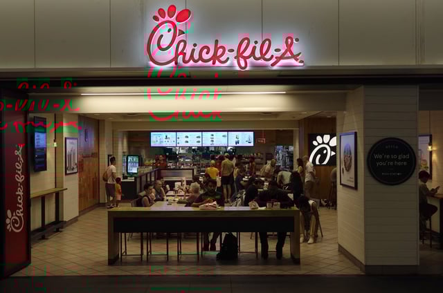 Customers eat at a Chick-fil-A restaurant in Penn Station on August 9, 2025, in New York City.