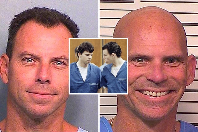 Erik Menendez (left) in an October 31, 2016, photo, Lyle Menendez (right) in a February 22, 2018, photo, and the brothers, leaving a courtroom in Santa Monica, California on August 6, 1990.