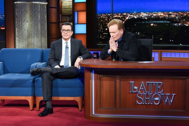 NEW YORK - NOVEMBER 1: The Late Show with Stephen Colbert and guest Conan O'Brien during Friday's November 1, 2019 show. (Photo by Scott Kowalchyk/CBS via Getty Images)
