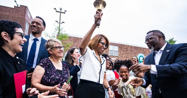 Mayor Brandon Johnson, interim CPS CEO Dr. Macquline King, appointed school board member Karen Zaccor, students, and district and union officials ring in the first day back to school at Mary E. Courtenay Language Arts Center in Uptown on Aug. 18, 2025.