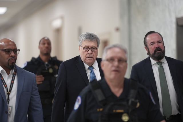 Former U.S, Attorney General Bill Barr arrives for a deposition under subpoena from the House Oversight Committee investigating Jeffrey Epstein at the Capitol in Washington DC today.