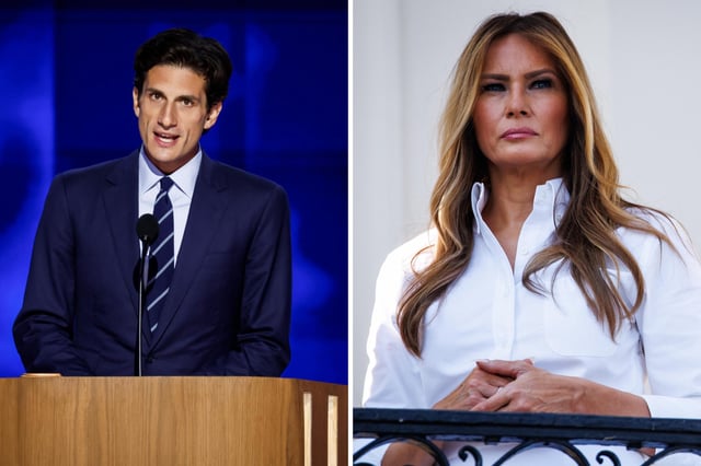 L: First lady Melania Trump listens as U.S. President Donald Trump (not pictured) delivers remarks during an Independence Day military family picnic on the South Lawn of the White House on July 04, 2025 in Washington, DC. R:  Jack Schlossberg speaks on stage during the second day of the Democratic National Convention at the United Center on August 20, 2024 in Chicago, Illinois.