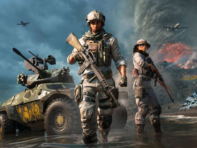 Battlefield 6 Road to Battlefield 2042 event: Two soldiers walking away from an armed jeep in water on Iwo Jima beack, as planes fly overhead.