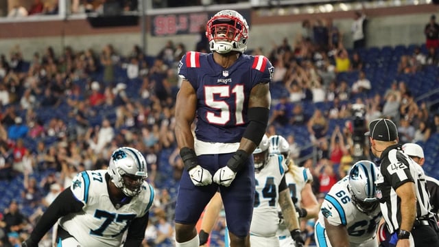 Aug 19, 2022; Foxborough, Massachusetts, USA; New England Patriots linebacker Ronnie Perkins (51) sacks Carolina Panthers quarterback PJ Walker (11) (not pictured) in the fourth quarter at Gillette Stadium. Mandatory Credit: David Butler II-Imagn Images